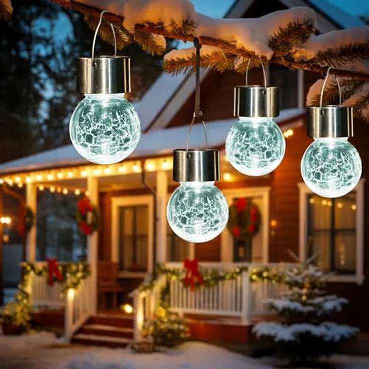 GIGALUMI 12 Stück Solar-Außenleuchten, Solar-Hängeleuchten für Weihnachtsdekoration, rissiges Glas, Solarleuchten für den Außenbereich, wasserdicht für Garten, Hof, Zaun, Baum (kaltweiß) – Bild 3