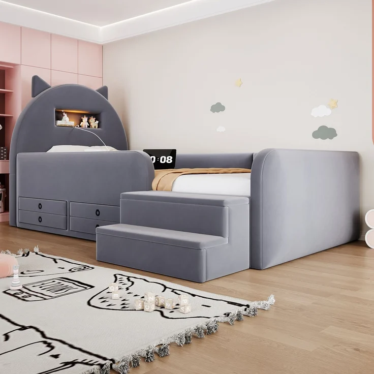 LVHOM Kinderbett 90x200cm mit Rausfallschutz, Polsterbett mit Nachtlicht, USB, Schubladen und Stufenbank, Samt, Dunkelgrau – Bild 4