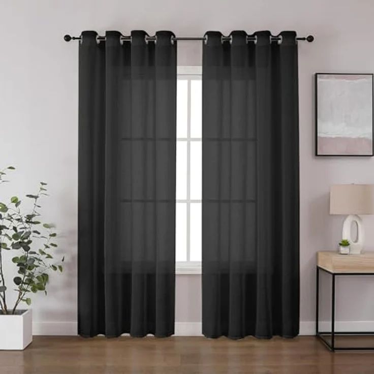 CUCRAF Leinen Voile Vorhänge mit Ösen Lichtfilterung Gardine für Schlafzimmer Wohnzimmer, Schwarz, H245 x B140cm 2er Set – Bild 2