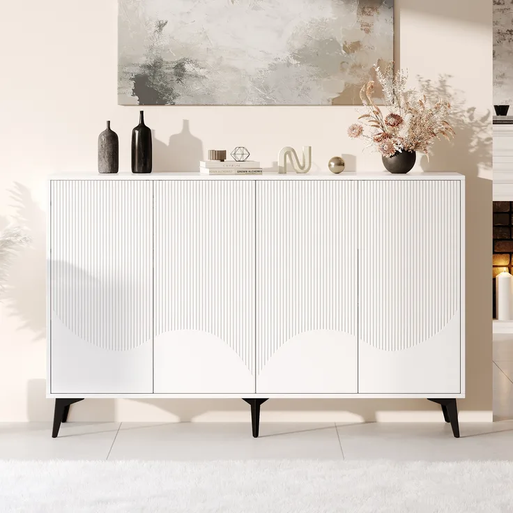 Merax Sideboard mit verstellbaren Einlegeböden, Holz weiß / Metallbeine schwarz, 100 x 35 x 160 cm