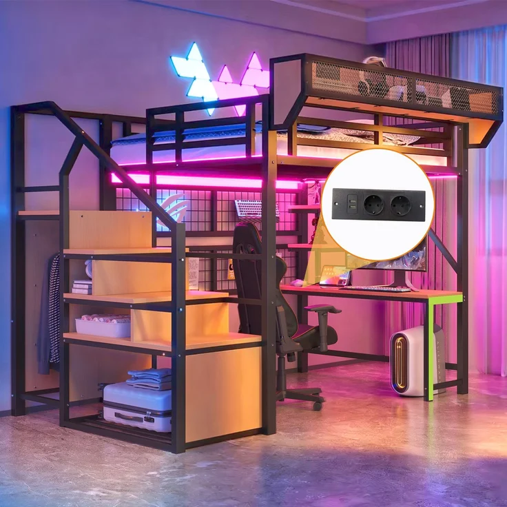 Merax Hochbett 140 × 200 cm, Kinderbett Jugendbett, Mit Schreibtisch, Regal und Aufbewahrungsnetz, Komplett Mit Sicherheitsleiter, LED-Beleuchtung und Steckdose, Erhöhtem Geländer, Schwarz – Bild 7
