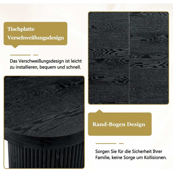 Esstisch 180x90x76 cm mit ovaler Tischplatte und geriffeltem Zylinderfuß, MDF in Schwarz – Bild 4