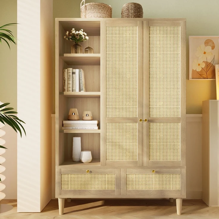 Merax 180cm Kleiderschrank Garderobenschrank mit 2 Türen und Rattan‑Flechten, Landhausstil Eicheoptik, offene Ablage, Regalfächer, Kleiderstange, 2 Schubladen, Kippsicherung – Bild 3