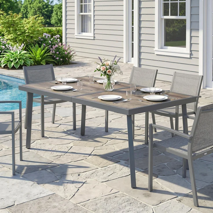 Rechteckiger Gartentisch für 6 Personen mit Tischplatte in Holzoptik, aus Stahl und PSPC, 145 x 85 x 72 cm, grau – Bild 10