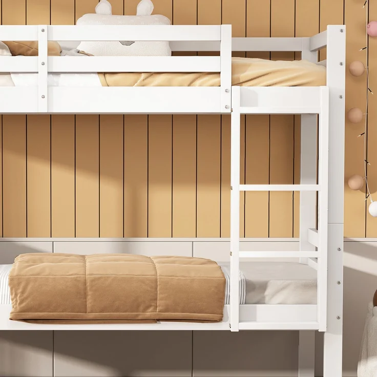 Bett 90x200 cm Etagenbett teilbar mit Leiter und Absturzsicherung – weißes Kiefernholz, platzsparend für Kinder – Bild 6