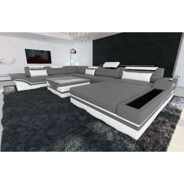 Mini Designer-Wohnlandschaft Mezzo XXL mit LED - Ledermix - Grau-Weiß - Rechts – Bild 2
