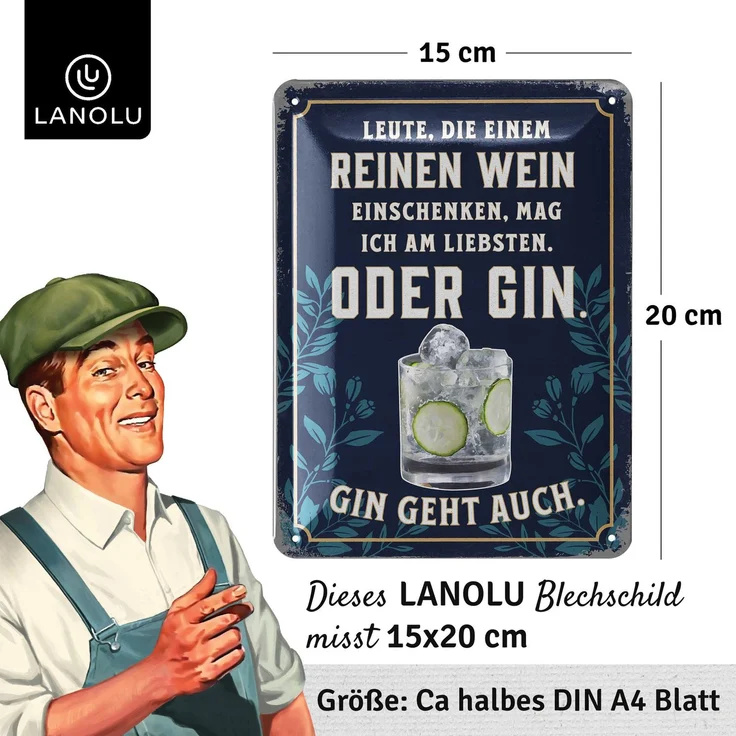 LANOLU Blechschild Reinen Wein oder Gin - 15x20cm – Metall – Blau – 15141 – Bild 4