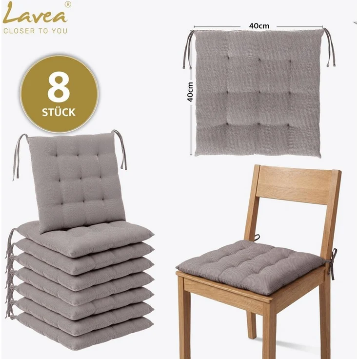 Lavea Stuhlkissen Lavea® Sitzkissen & Stuhlkissen 40x40 cm – 4er/8er Set, 40x40x3 cm, mit Stoffbändern, Indoor & Outdoor, für Garten & Balkon – Bild 2