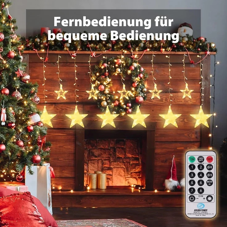 Salcar LED-Lichterkette 2m Sterne LED Lichterkette Außen Lichtervorhang Innen Weihnachten, 8 Beleuchtungsmodi und Memory-Funktion mit Fernbedienung Warmweiß – Bild 4