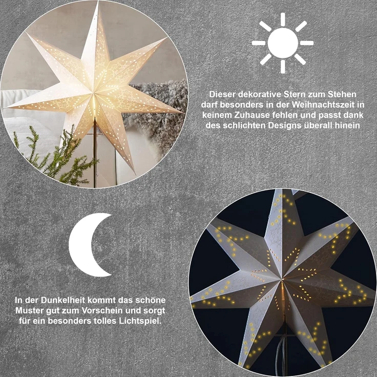 Stehlampe Weihnachtsstern Sensy von Star Trading, 3D Papierstern Weihnachten in Weiß mit Metall-Fuß, Dekostern Stehleuchte mit Kabelschalter, E14, Höhe: 78cm – Bild 3