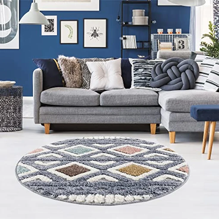 Teppich Rund - Hochflor - Boho - Pastell Multi - 120x120cm - Einfarbig - Modern Raute Ornamente - Skandinavisch Flauschig Weich - Wohnteppich Schlafzimmer Dekoration – Bild 8