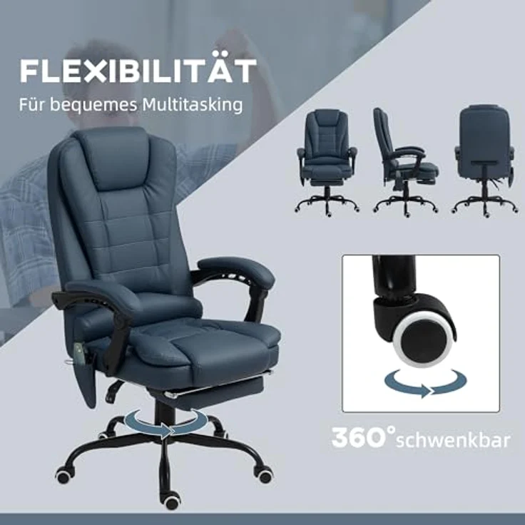 Vinsetto Bürostuhl, Drehstuhl mit 7-Punkt-Massagefunktion, verstellbarer Rückenlehne und einklappbarer Fußstütze, Blau, Kunstleder, 79x121x67 cm – Bild 7