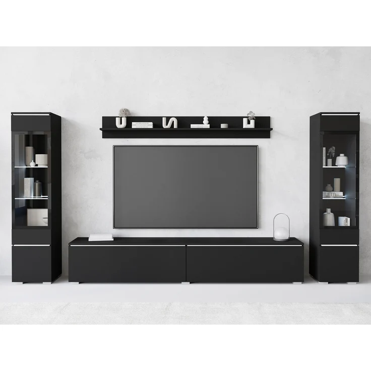 Wohnwand Doppo II, Wandregal, TV-Lowboard, 2x Hängevitrine, LED Beleuchtung (Farbe: Schwarzer Graphit) – Bild 5