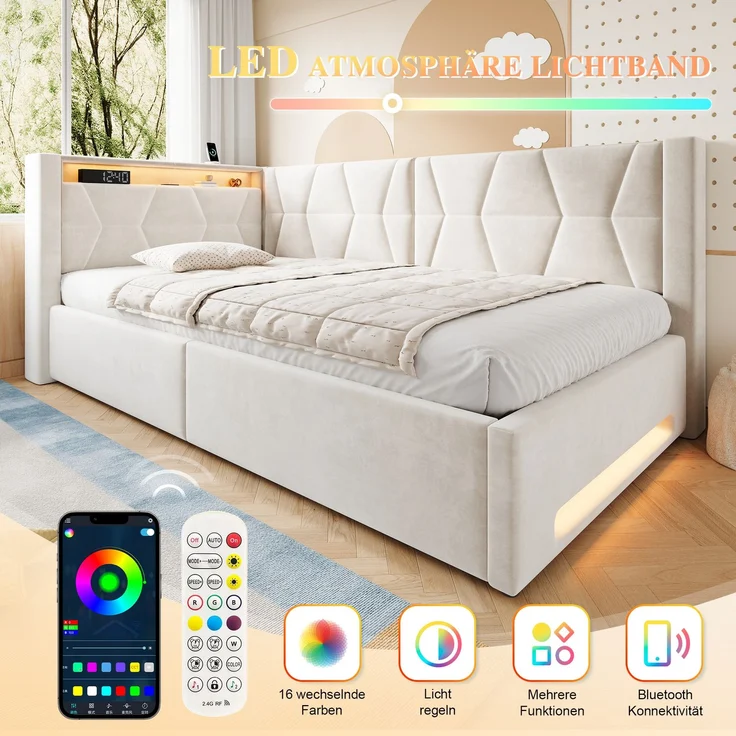 LVHOM Einzelbett 90x200 cm mit Stauraum, Polsterbett mit LED, USB und Type-C, Jugendbett, Hydraulischem Bettgestell, Samt, Beige – Bild 3