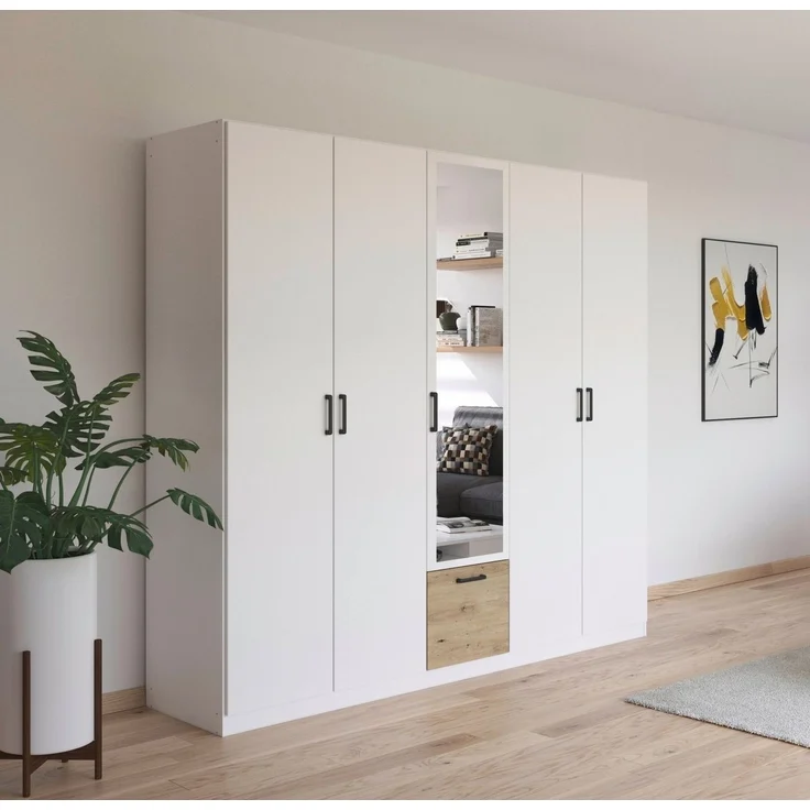 Rauch Möbel Bari, Drehtürenschrank, 5-türig, Kleiderschrank Weiß/Eiche Artisan, 1 Schublade, mit Spiegel, 226 x 210 x 54 cm – Bild 2