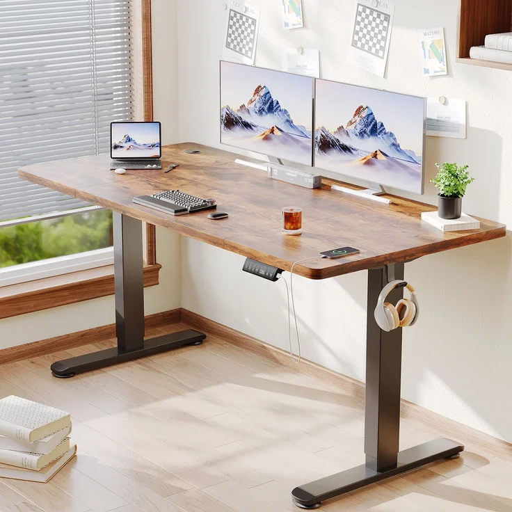 JUMMICO Schreibtisch elektrisch höhenverstellbar mit Kabelwanne & USB-Buchse, Vintage-Braun, 160x80 cm – Bild 1