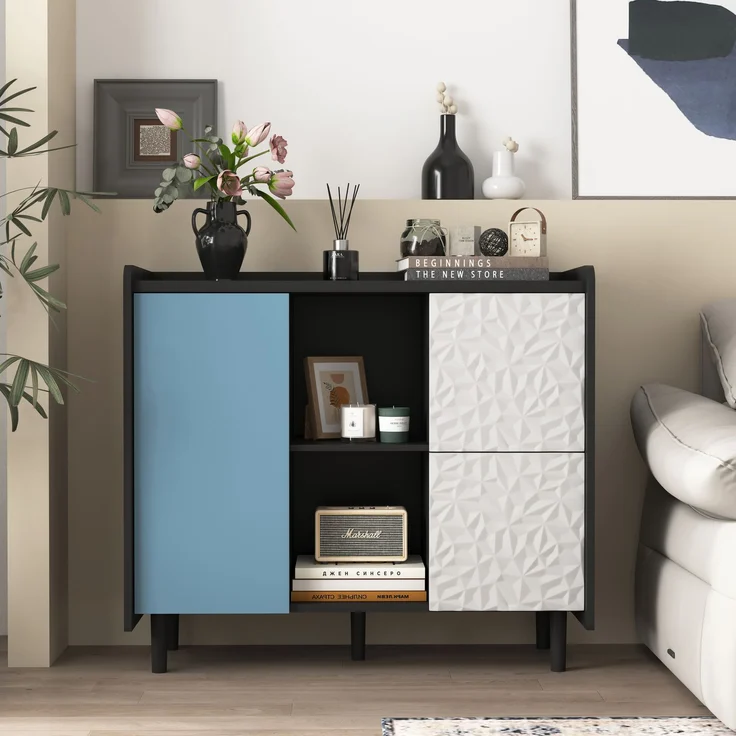 Sideboard-Buffetschrank in Schwarz mit blauen Türen und 2 Schubladen – Viel Stauraum für Küche und Esszimmer – Bild 2