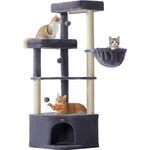 Feandrea Kratzbaum, Katzenbaum, 48,5 x 48,5 x 140,7 cm, Katzenkratzbaum mit großer Kuschelhöhle, großen Plattformen, Plüschbällen, Liegemulde, dukelgrau