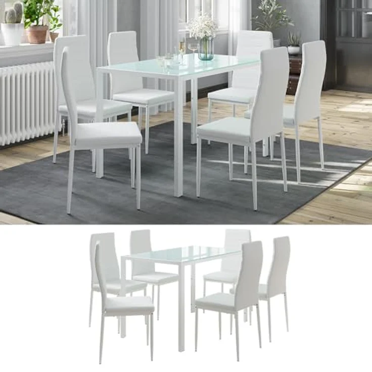 Vicco Esstisch-Set 'Grand Metall', Weiß, 120x70x75 cm, Tisch mit Glasplatte und 6 Stühlen, Esszimmergruppe – Bild 2