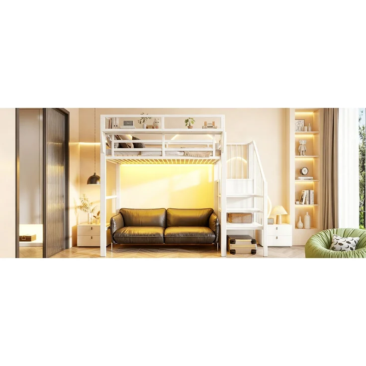 ZUBALIYA Hochbett 90 × 200 cm, Metall, LED-Beleuchtung, Leiter, Weiß – Bild 19