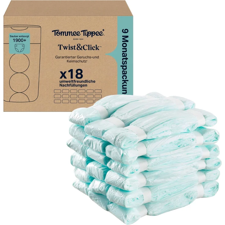 Tommee Tippee Twist & Click Windeleimer-Nachfüllungen, Packung mit 18, jeweils 10,5m, Mehrlagig, Antibakterielle* Folie, Zum Twist & Click Windeleimerkassette, 18 X 10,5 m (Packung kann variieren)