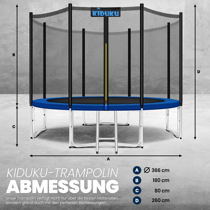 KIDUKU® Trampolin Ø 366 cm | TÜV Rheinland geprüft | Komplettset mit Sicherheitsnetz, Leiter, Randabdeckung, Bodenanker & Zubehör | Outdoor Gartentrampolin Kinder-Trampolin – Bild 7