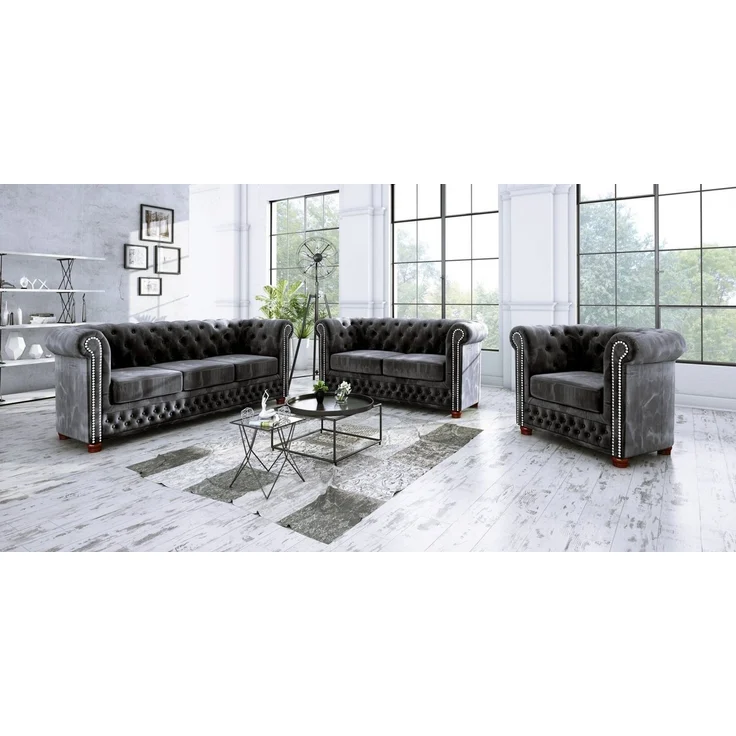 S-Style Möbel Chesterfield-Sofa Leeds 3-Sitzer aus Samt-Stoff mit Holzfüßen, mit Wellenfederung – Bild 2
