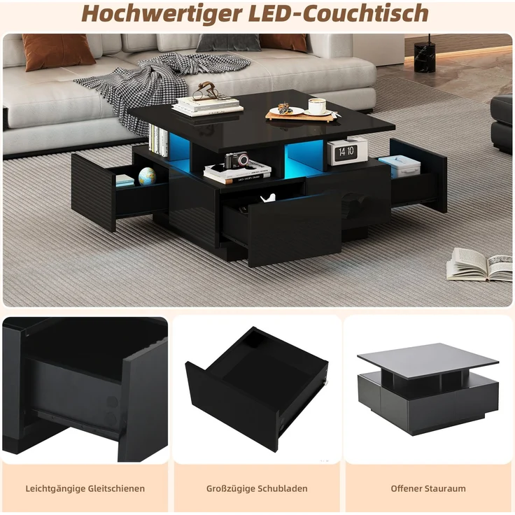Merax Couchtisch mit LED licht, sofatisch mit 4 schubladen, Beistelltisch, Schwarz – Bild 5