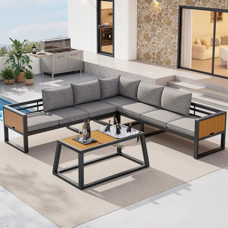 Merax Gartenmöbel-Set, Garten-Lounge-Set für 7 Personen, Outdoor-Sofa-Set mit verstellbarer Rückenlehne, ausklappbaren Armlehnen und Metall-Eisbehälter, Grau – Bild 2