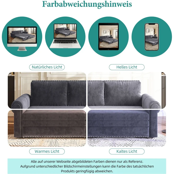 Schlafsofa 238x90x98 cm, 3-in-1 ausziehbar mit Samtbezug und verstellbaren Rückenkissen, Ohne Matratze – Bild 6