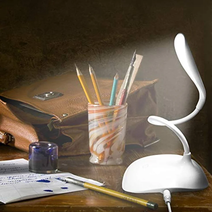 Eaxus® LED Schreibtischlampe, dimmbar und flexibel biegbar, USB & Batterien, Weiß – Bild 7