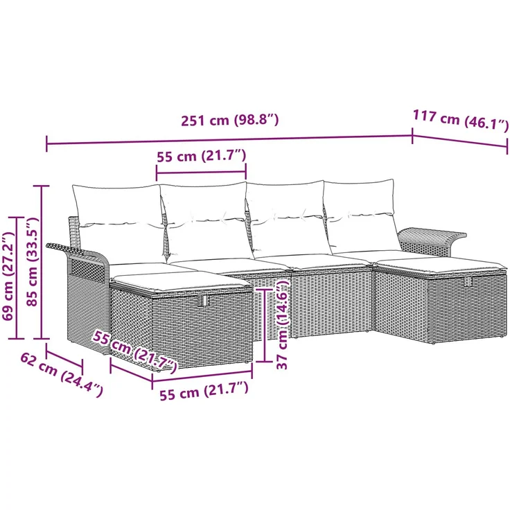 vidaXL Gartensofa-set mit Kissen mit Speicher 6 pcs Poly Rattan 3360256 – Bild 12