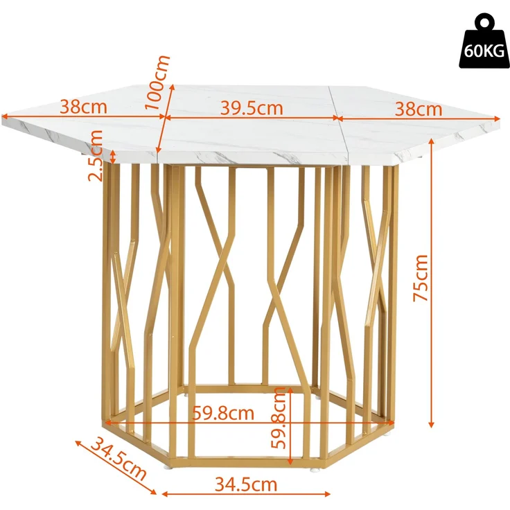 5-teilig Esstisch sechseckig 115.5×100 cm mit Marmormuster Tischplatte & goldenem Metallgestell mit 4 grauer Esszimmer stühle – Bild 6