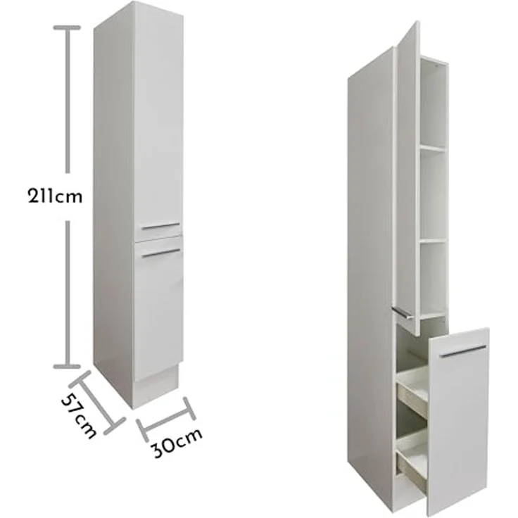 JAZZ 8 Moderner Apothekerschrank Küche in Weiß Hochglanz - Geräumiger Hochschrank Küchenschrank mit viel Stauraum - 30 x 211 x 57 cm (B/H/T) – Bild 3