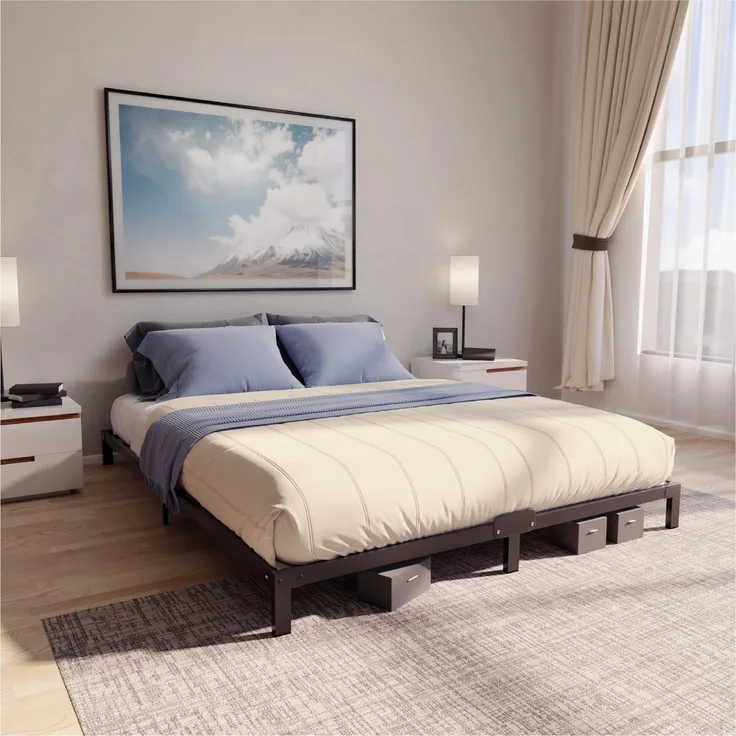 Dreamzie Bett 140x200 mit Lattenrost aus Metall - Bettgestell 140x200 für Matratze, Höche 25 cm - Robust, Leichte Montage, Umfangreicher Stauraum - Schwarzer Lattenrost