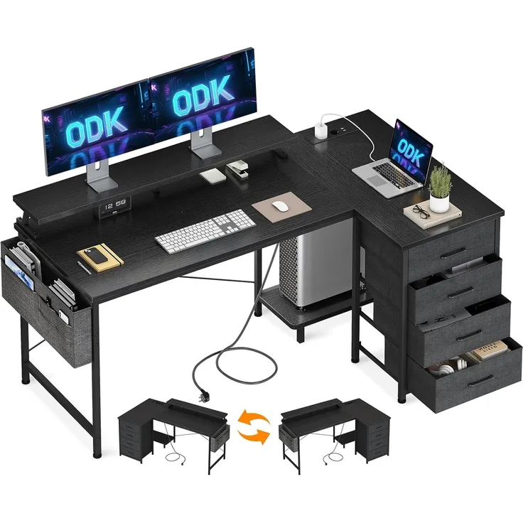 ODK L-förmiger Schreibtisch, Eckschreibtisch Groß mit USB-Ladeanschluss&Steckdose, Eckschreibtisch mit 4 Schubladen&Monitorablage, Computertisch L Form für Homeoffice (Schwarz, 140 x 80 x 84. 7cm)