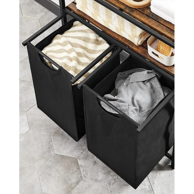 Vasagle Wäschekorb mit 2 Fächer, Metallgestell Vintagebraun/Schwarz, 2x46 L / 73 x 33 x 91 cm – Bild 3