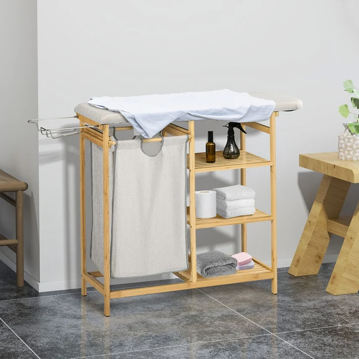 Wäschekorb 57,4 L Wäschesammler mit Bügelbrett und Bügeleisen, Wäschebox mit 3-Ebenen-Regal, ausziehbar und abnehmbare Tasche--Natürlich--113x34x82cm--YOUDENOVA – Bild 2
