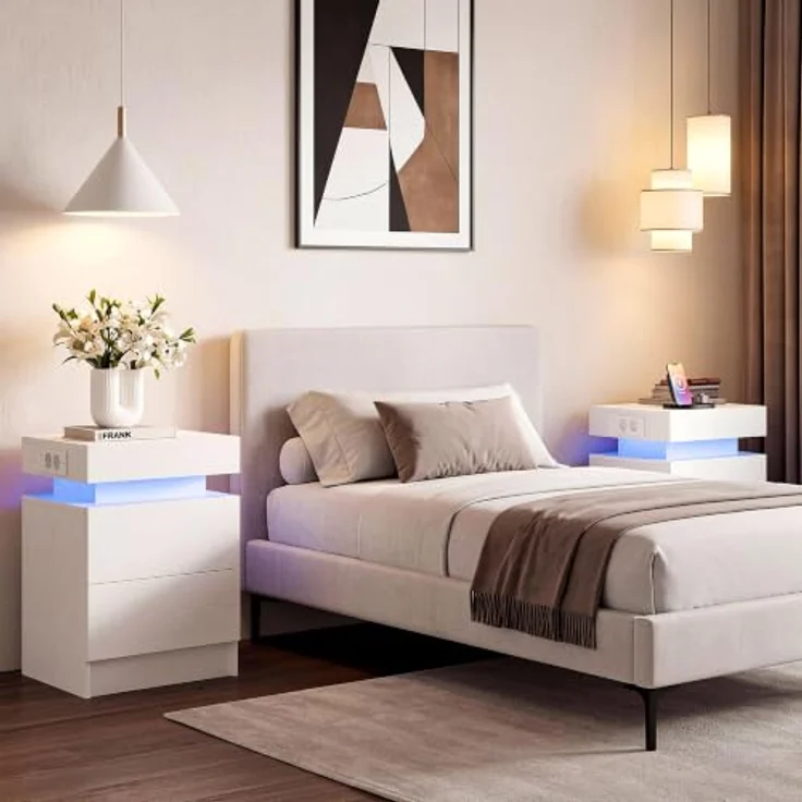 IRONCK Nachttisch 2er Set, Nachtschrank mit LED-Beleuchtung | Beistelltisch mit Ladefunktion, Steckdosen, USB & USB-C, 2 Schubladen, Kommode für Schlafzimmer Wohnzimmer, 35×40×60 cm, Weiß – Bild 7