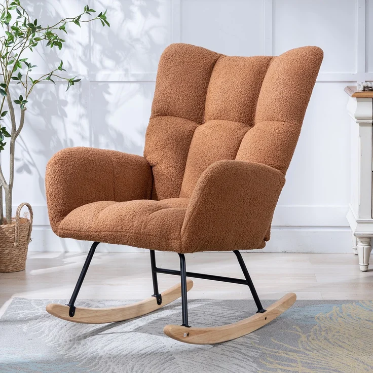 Teddy-Schaukelstuhl mit Tasche, weicher Schaukelstuhl fürs Kinderzimmer, bequemer Ohrensessel mit sicherem Massivholzgestell, Wohnzimmer, Braun – Braun – 65 x 77 x 90 cm – YOUDENOVA – Bild 1