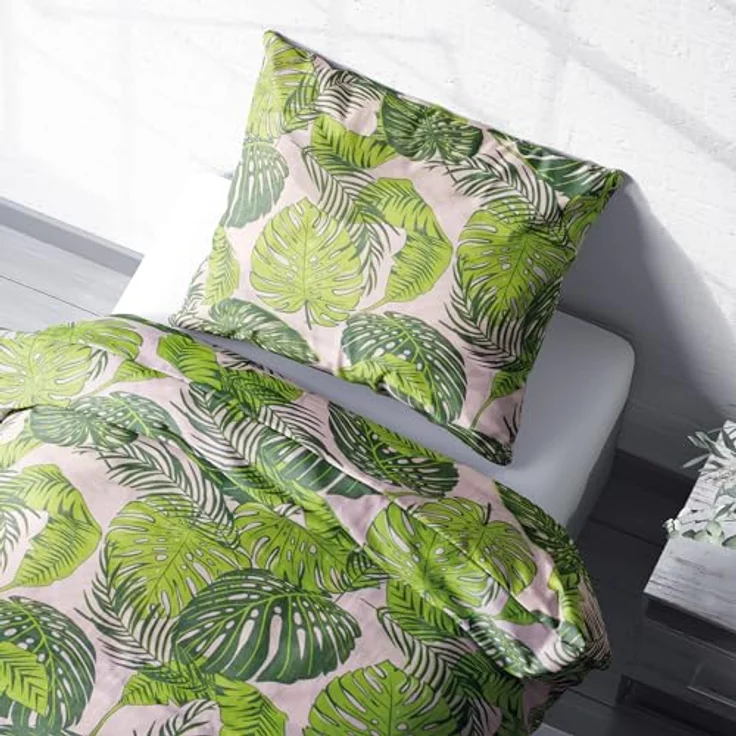 Heubergshop Bettwäsche, Renforcé, 2 teilig, 135x200cm + 80x80cm Tropische Blätter Grün 100% Baumwolle (KY-510/1) – Bild 3