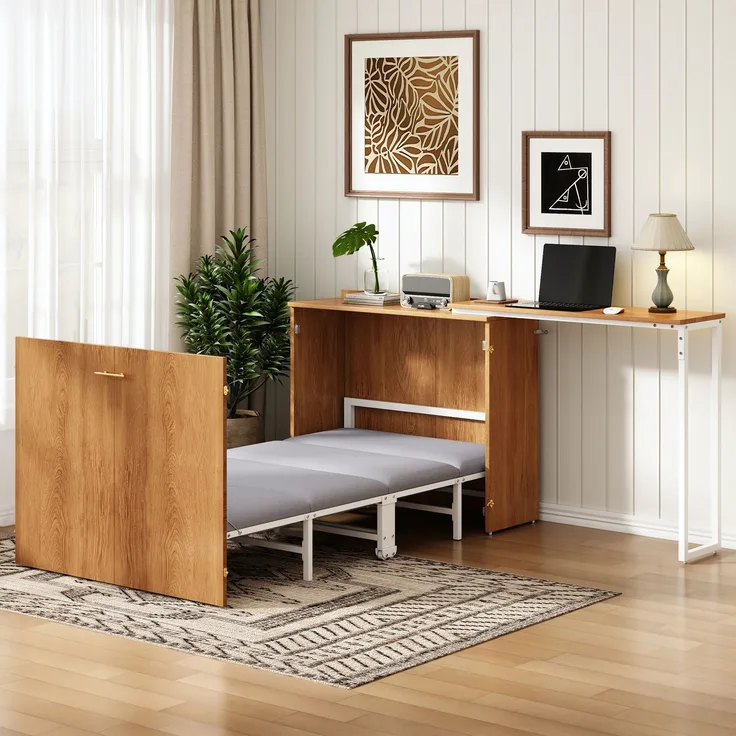 Klappbett mit drehbarem Schreibtisch und Matratze, platzsparendes Schrankbett mit Rollen, ideal für kleine Räume, Gästezimmer und Homeoffice