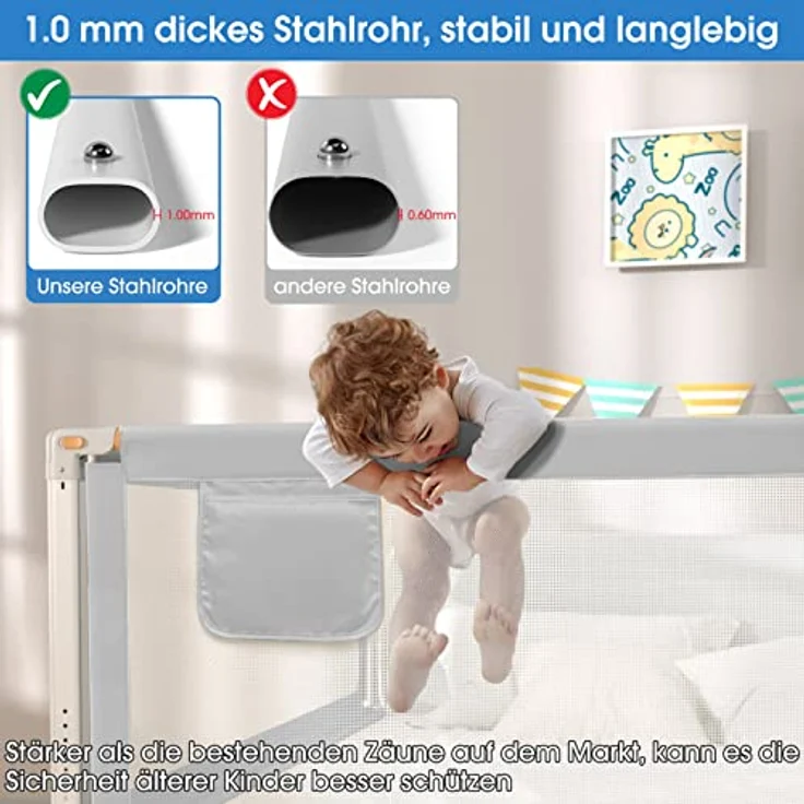 YIKANWEN Bettgitter, 140cm Bettschutzgitter ​für Kinder ab 0-10 Jahren, einziehbare Kinderbettgitter Babybettgitter,passend für Kinderbetten, Elternbetten, Alle Massivholzbetten（Nur 1 Stück） – Bild 3