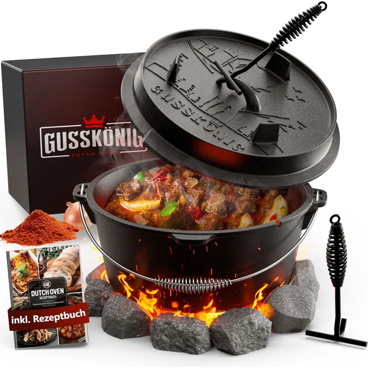 Dutch Oven 7 l mit Füßen – eingebrannt & sofort einsatzbereit, inkl. Deckelheber, Thermometerdurchführung, Rezeptbuch & Pflegeanleitung