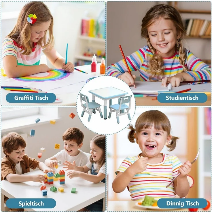 BlingBin Kindersitzgruppe Kindertisch mit 2 Stühlen, Kindermöbel Höhenverstellbar Sitzgruppe, (1er Set, 3-tlg, 1 Tisch, 2 Stühle), Tisch Stuhl Set für Kinderzimmer für Jungen Mädchen ab 2 Jahre – Bild 2