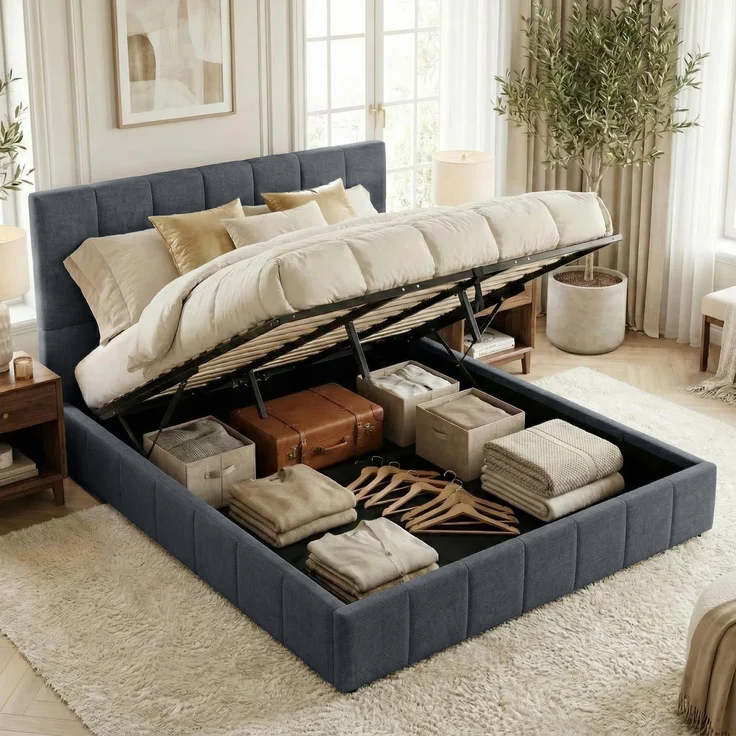 Bett NEGAD - Stoff Dunkelgrau 194x206x30 cm | Bett 180x200 Polsterbett Mit Bettkasten Gepolsterte Kopfteil Steppnähte Massivholzrahmen – Bild 6