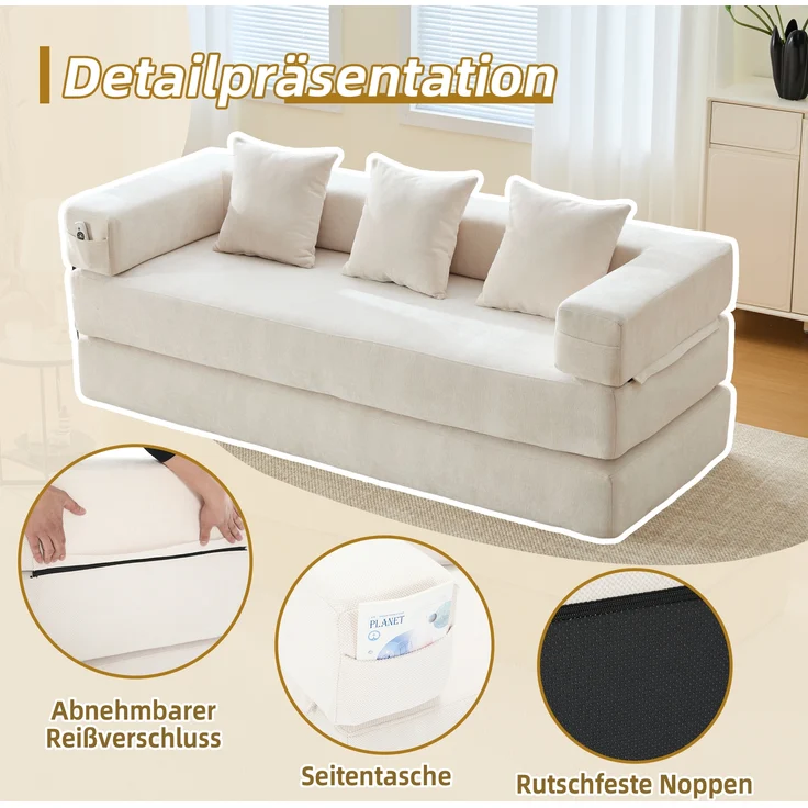 LVHOM Schlafsofa 3 sitzer, Klappsofa mit Schlaffunktion, Bodensofa, Schlafcouch aus Chenille-Stoff, frei Kombination, 198x79x60 cm – Bild 5