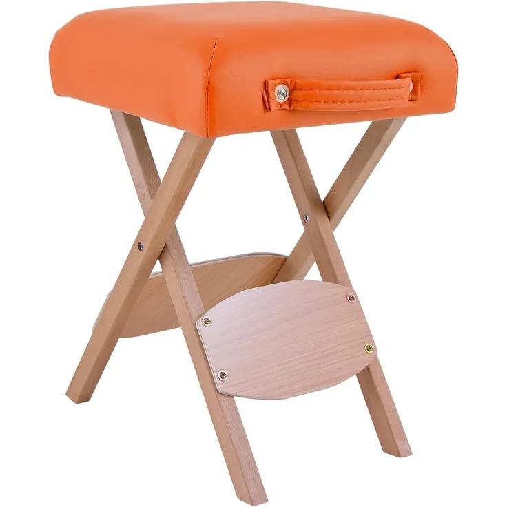 QUIRUMED Klapphocker aus Holz mit Sitz, orange gepolstert, vielseitig einsetzbar, Beistelltisch, Fußstütze, Kunstleder, transportabel, bis 100 kg, 33 x 33 x 48