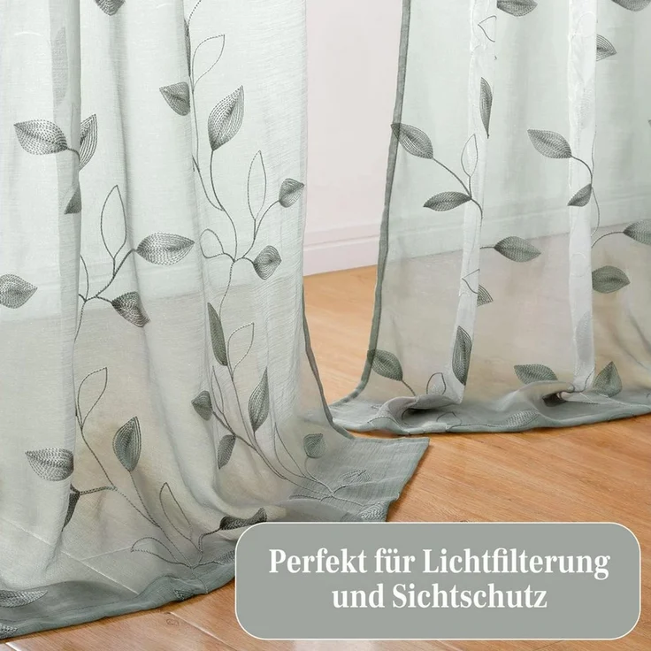 Agger Vorhang Leinen Voile Vorhänge, halbtransparente Blumenvorhänge, Blätter-Stickerei Vorhänge, geeignet für Schlafzimmer und Wohnzimmer – Bild 4