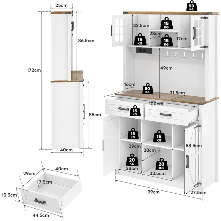 ZUBALIYA Buffetschrank 100x40x172 cm, mit LED-Beleuchtung, mit Steckdosen, mit verstellbaren Einlegeböden, aus MDF, Braun / Weiß – Bild 8